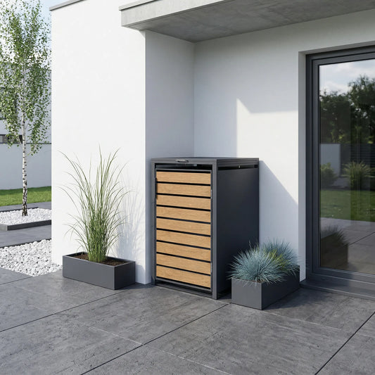 TREVANO 1er Holzoptik in geschützter Hausecke – Birke und Kiesbeet im Hintergrund