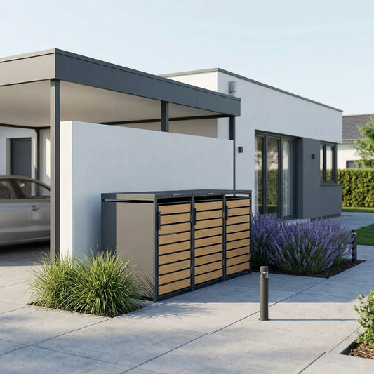 TREVANO 3er Holzoptik neben Bungalow-Carport – Lavendelbüsche und Pollerleuchte