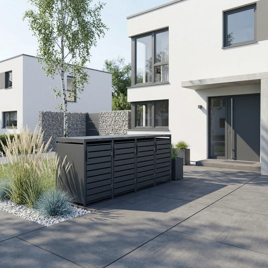 Mülltonnenbox 4er RAL 7016 vor modernem Haus – Gabionenmauer mit Birke und Blauschwingel