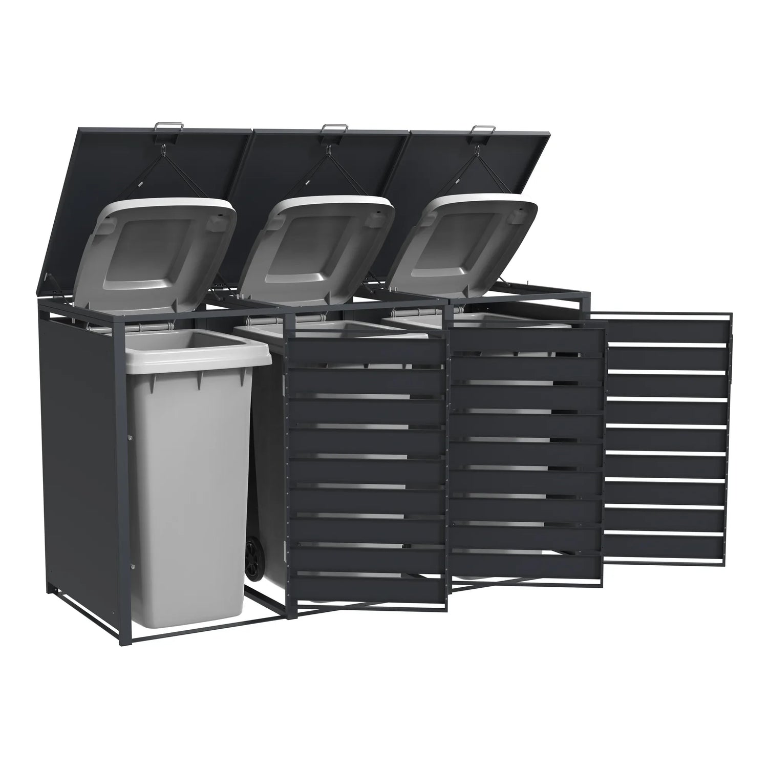 3er Mülltonnenbox geöffnet – Tonne wird entnommen, Gasdruckfedern sichtbar