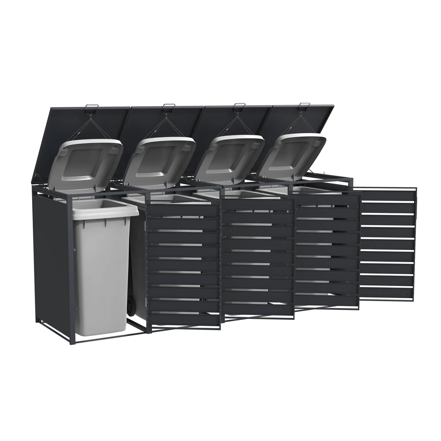 4er Mülltonnenbox Holzoptik geöffnet – Tonne wird entnommen