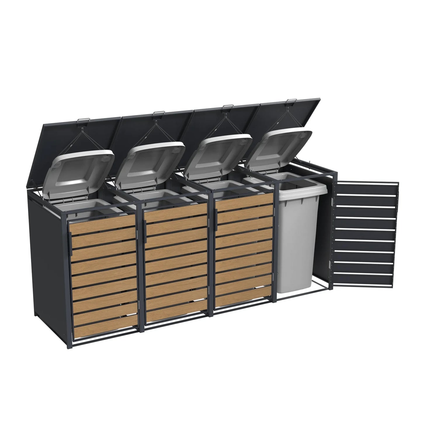 Mülltonnenbox 4er Holzoptik geöffnet von rechts – Tonne sichtbar