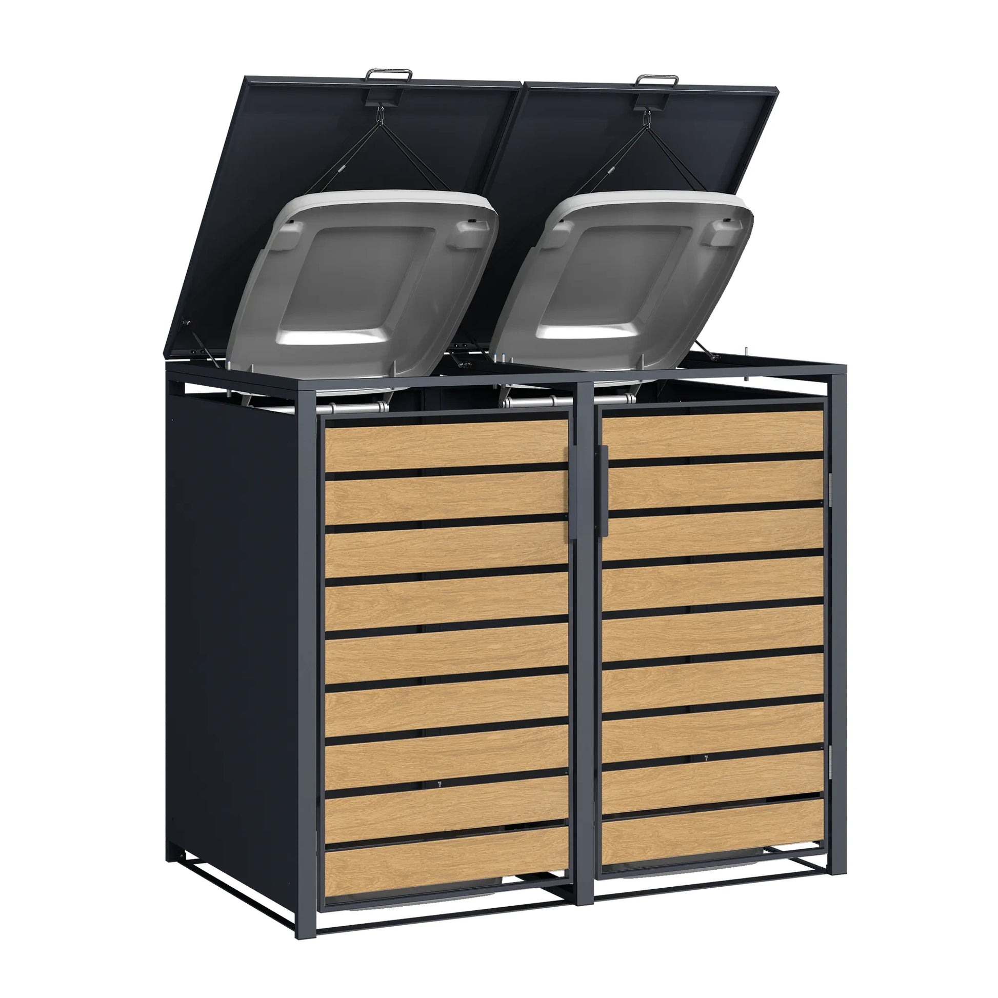 2er Mülltonnenbox Holzoptik mit offenen Deckeln – Einwurf von oben