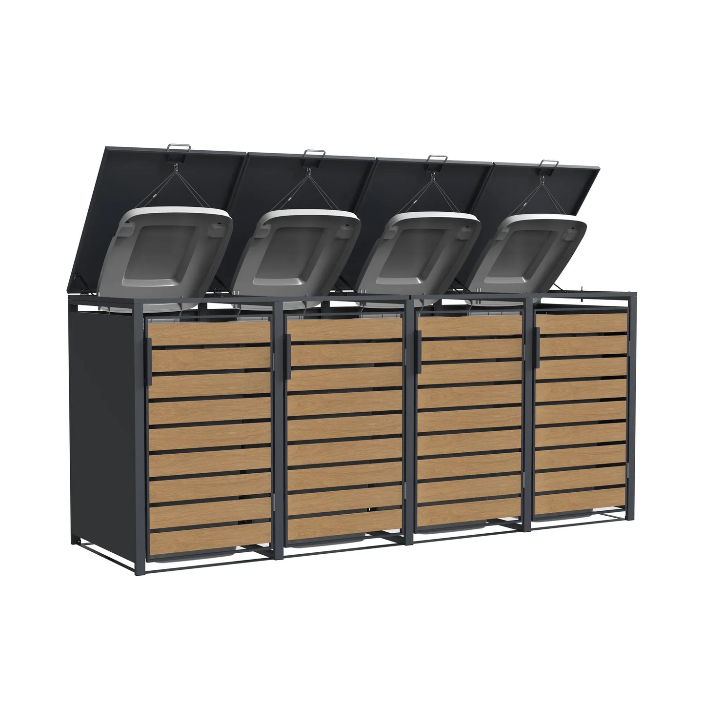 4er Mülltonnenbox Holzoptik mit offenen Deckeln – Einwurf von oben