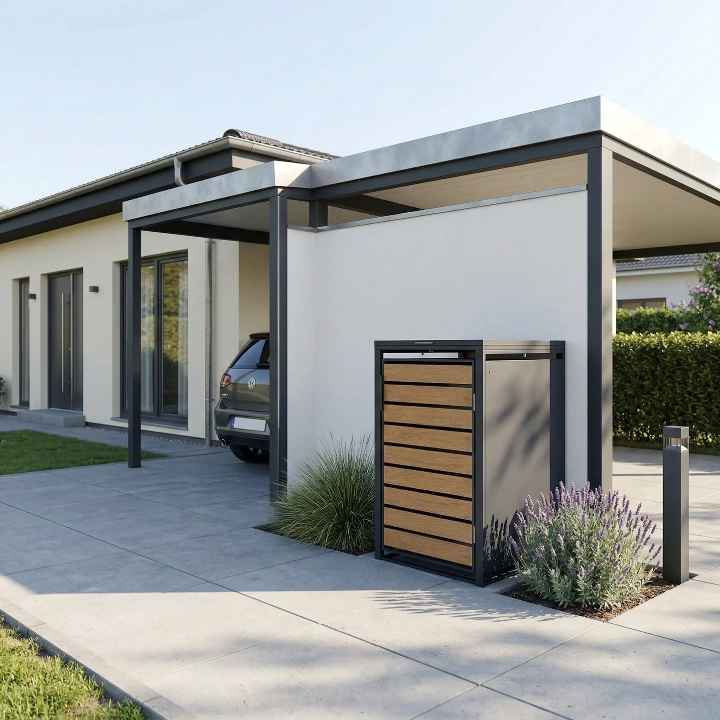 Mülltonnenbox 1er Holzoptik neben Bungalow-Carport – Lavendel und Pollerleuchte am Gehweg
