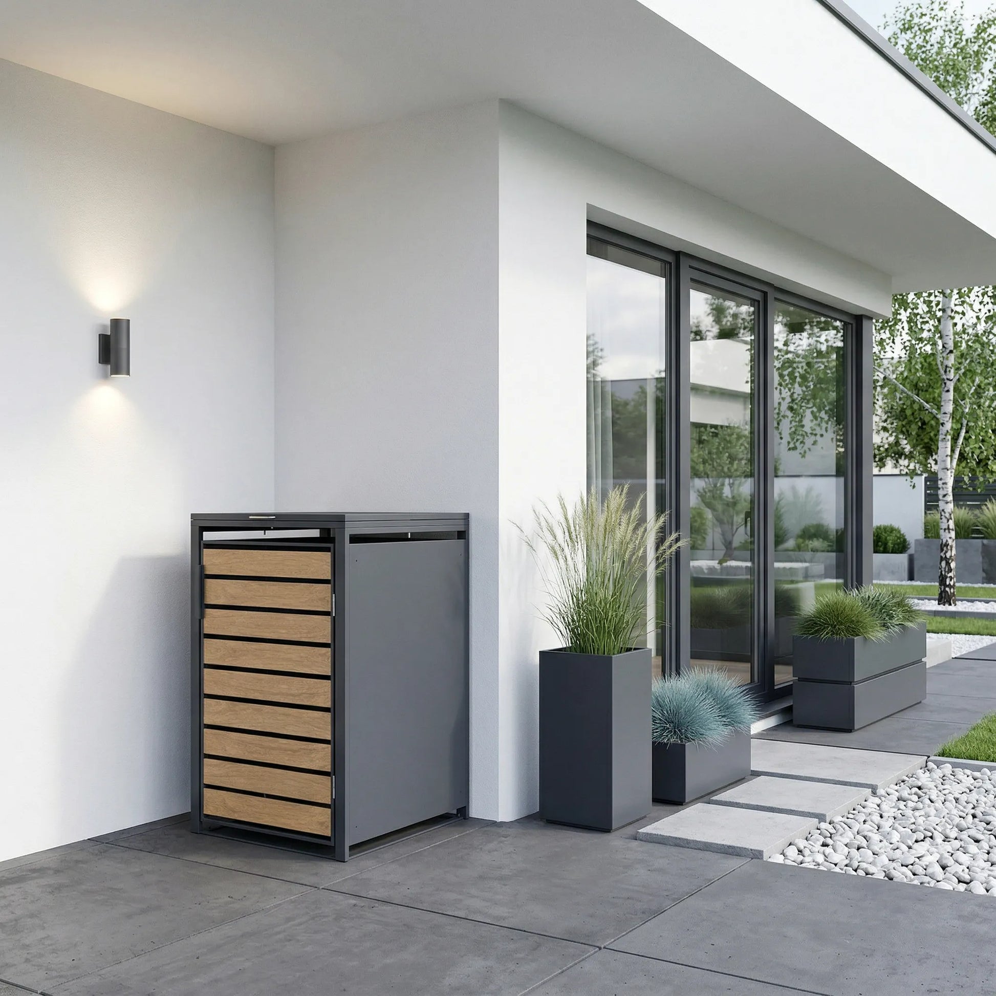 1er Mülltonnenbox Holzoptik an moderner weißer Hauswand – Ziergräser in Anthrazit-Pflanzkasten