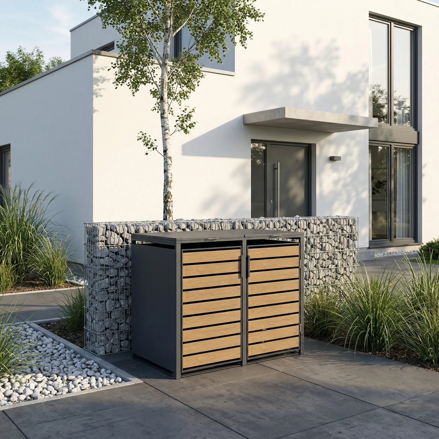 2er Mülltonnenbox Holzoptik vor modernem Kubus-Haus – Gabionenmauer und Birke im Vorgarten