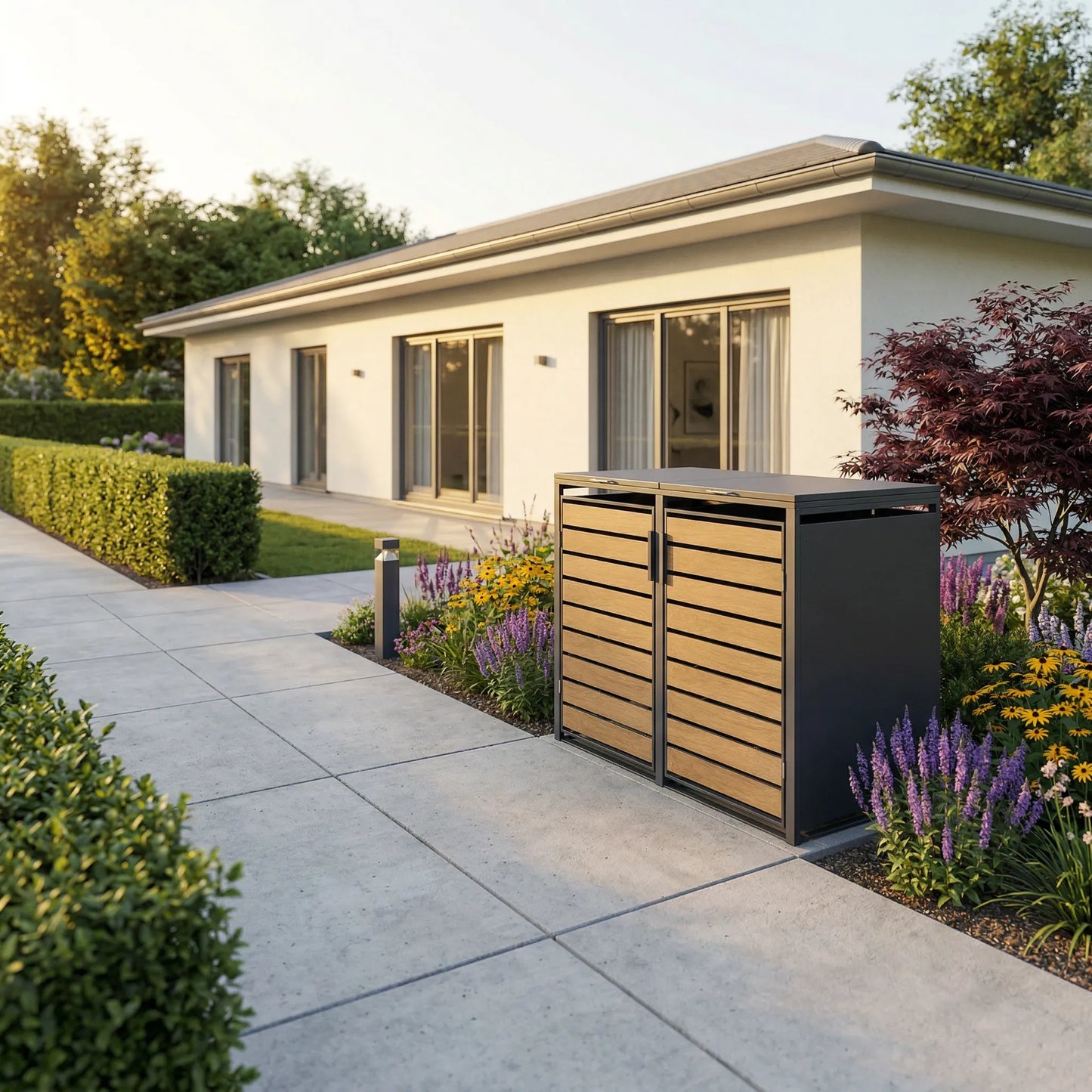Mülltonnenbox 2er Holzoptik am Bungalow – bunte Staudenbeete mit Sonnenhut und Salbei