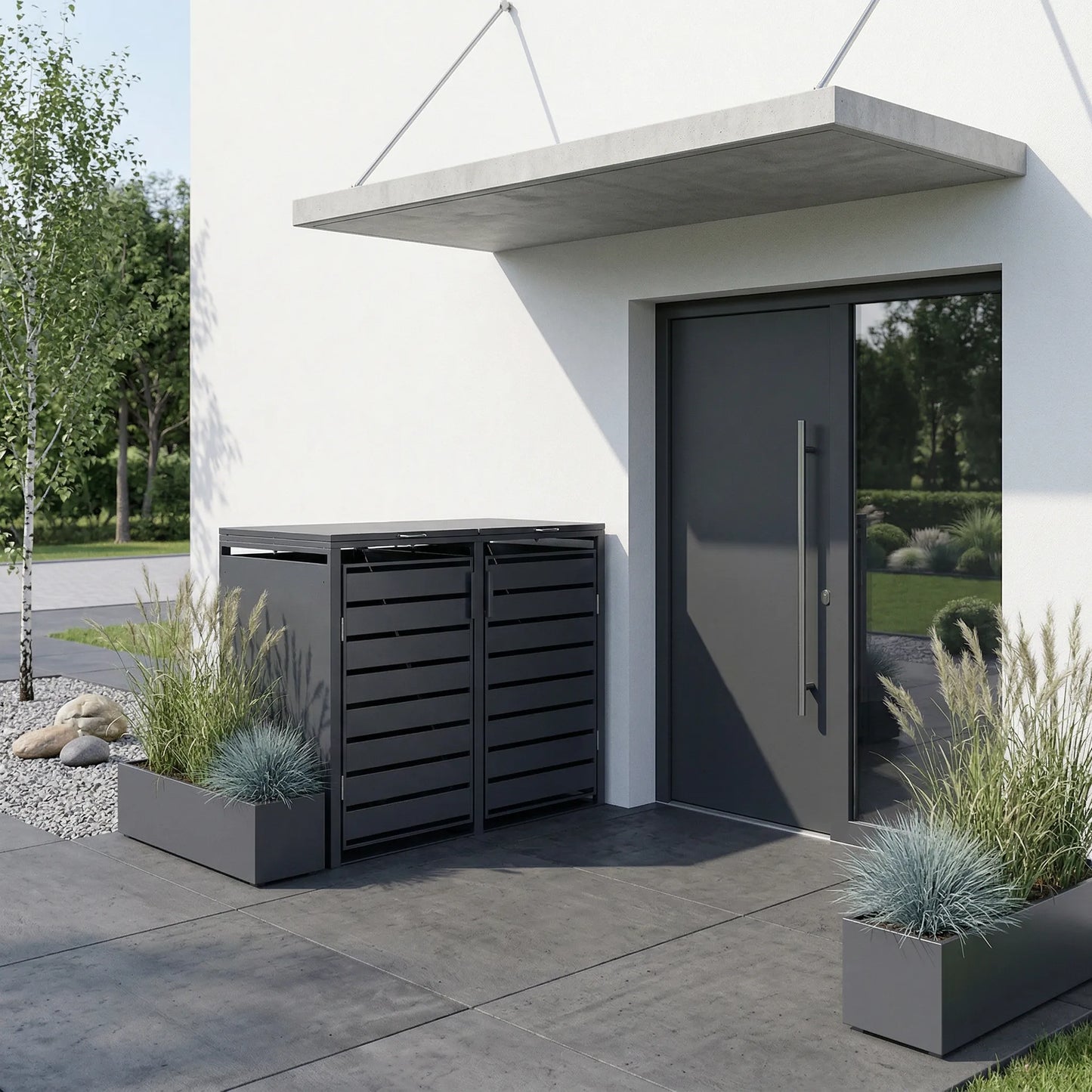 Mülltonnenbox 2er RAL 7016 neben Haustür – modernes Haus mit Ziergräsern und Blauschwingel