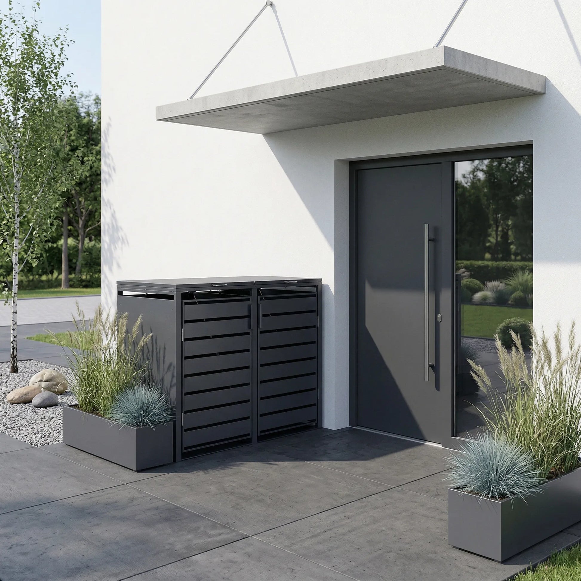 Mülltonnenbox 2er RAL 7016 neben Haustür – modernes Haus mit Ziergräsern und Blauschwingel