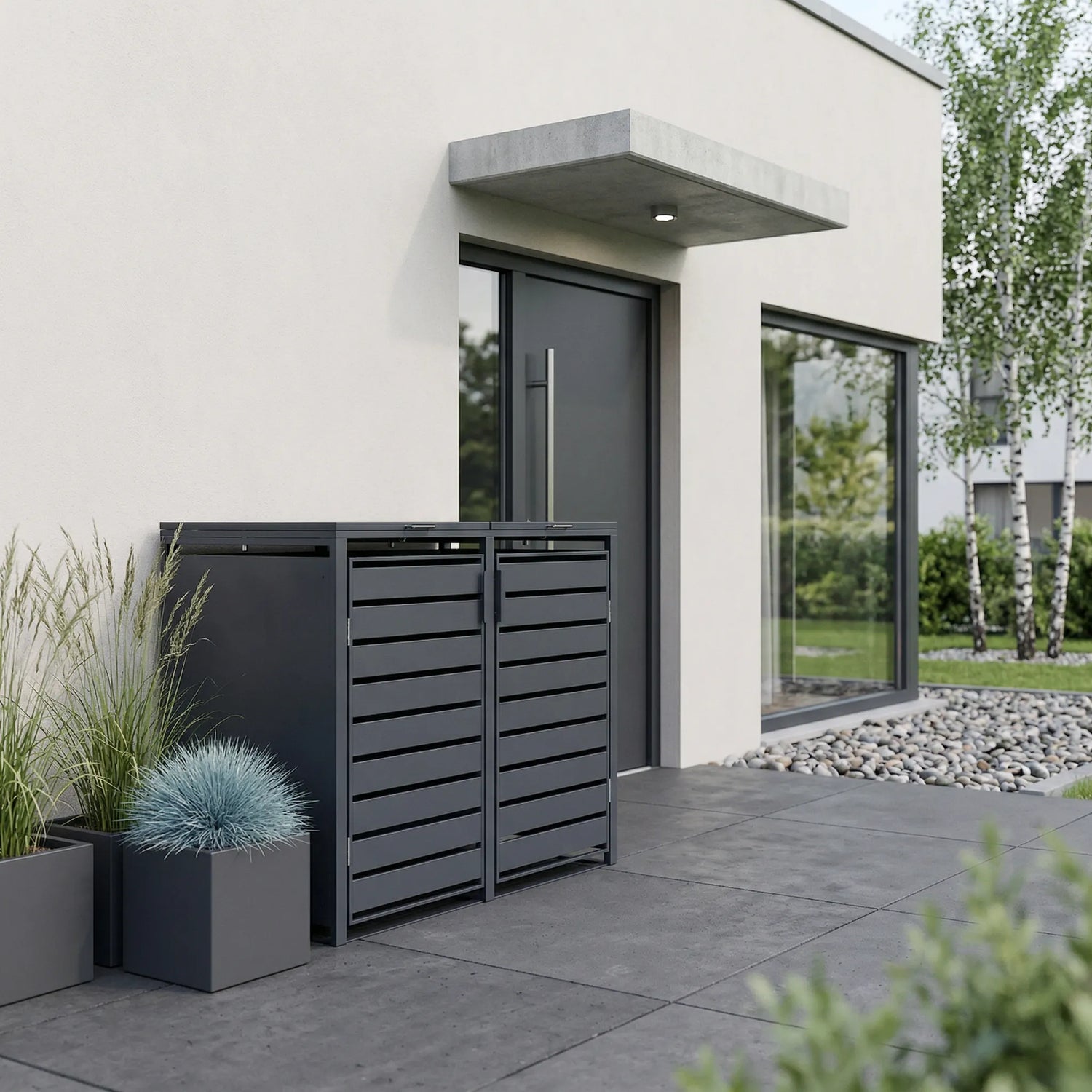 TREVANO 2er anthrazit am Hauseingang – Betonvordach mit Downlight und Kiesbeet