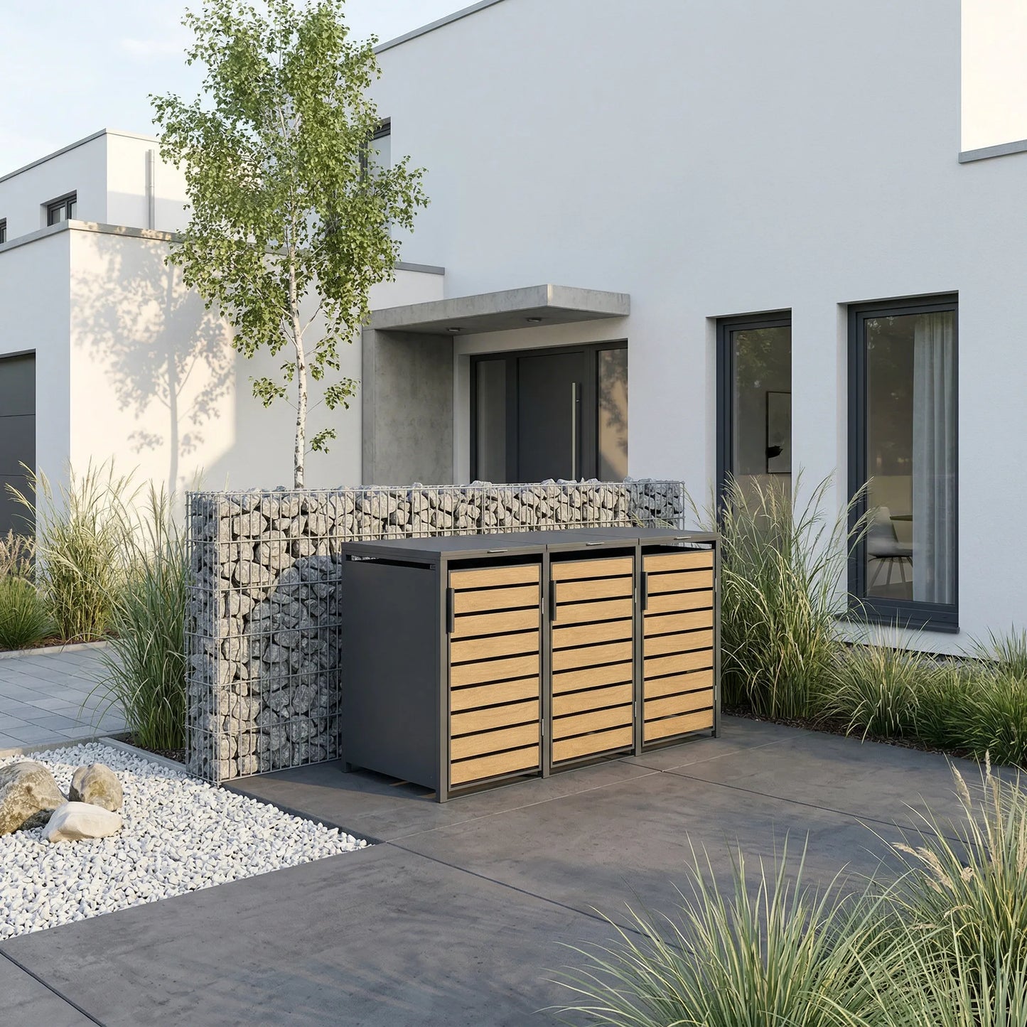 3er Mülltonnenbox Holzoptik vor modernem Kubus-Haus – Gabionenmauer und Birke auf dunklem Pflaster