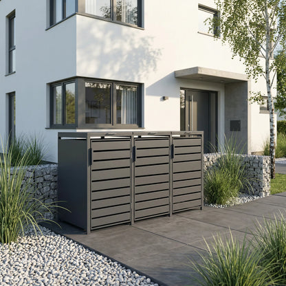 3er Mülltonnenbox anthrazit vor modernem Haus – Gabionenmauer mit Birke und Kiesbeet