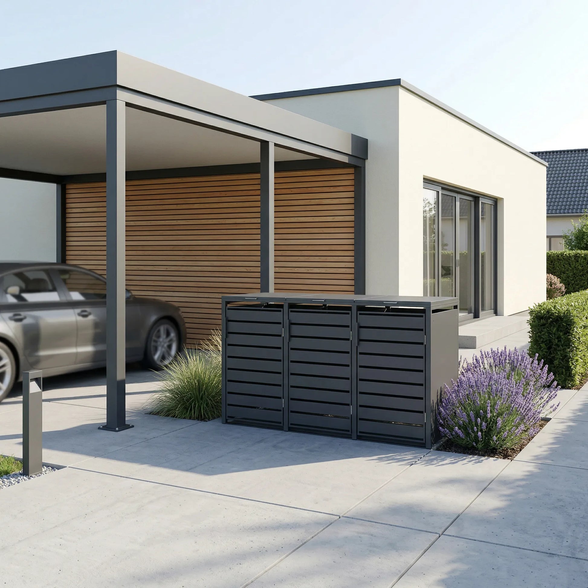 Mülltonnenbox 3er RAL 7016 neben Bungalow-Carport – Lavendelhecke und Pollerleuchte