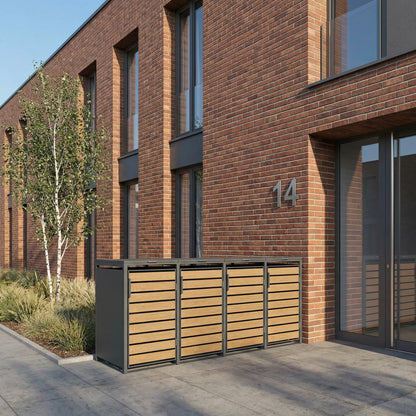TREVANO 4er Holzoptik am Backstein-Mehrfamilienhaus – Birke und Ziergräser am Eingang