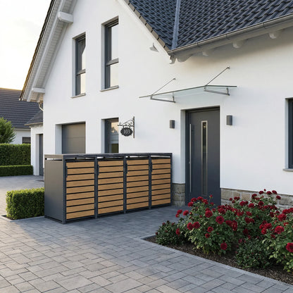 4er Mülltonnenbox Holzoptik neben klassischem Haus – Glasvordach mit roten Rosen und Hecke