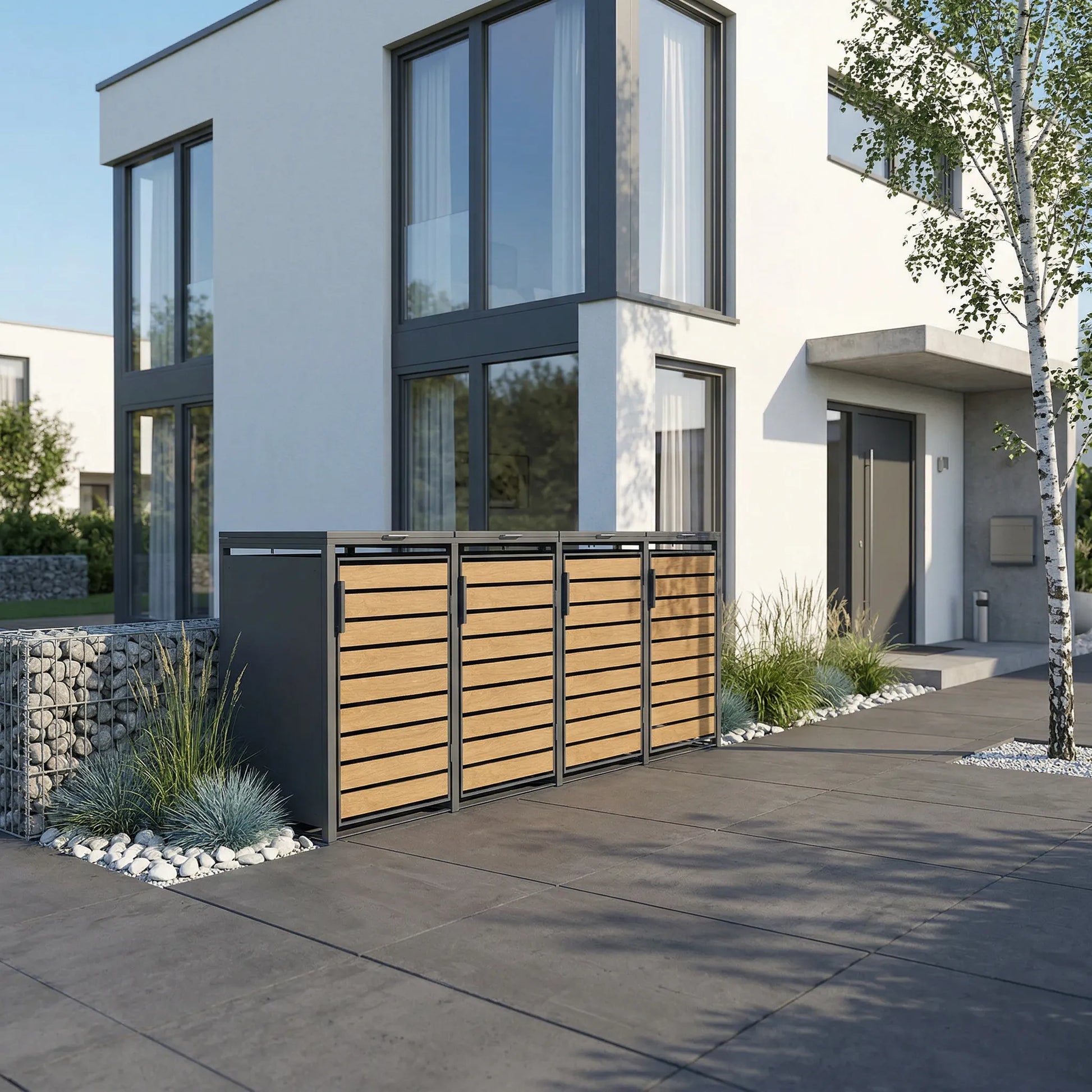 TREVANO 4er Holzoptik vor Kubus-Haus – Gabionenmauer und Birke mit Ziergräsern