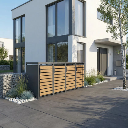 TREVANO 4er Holzoptik vor Kubus-Haus – Gabionenmauer und Birke mit Ziergräsern