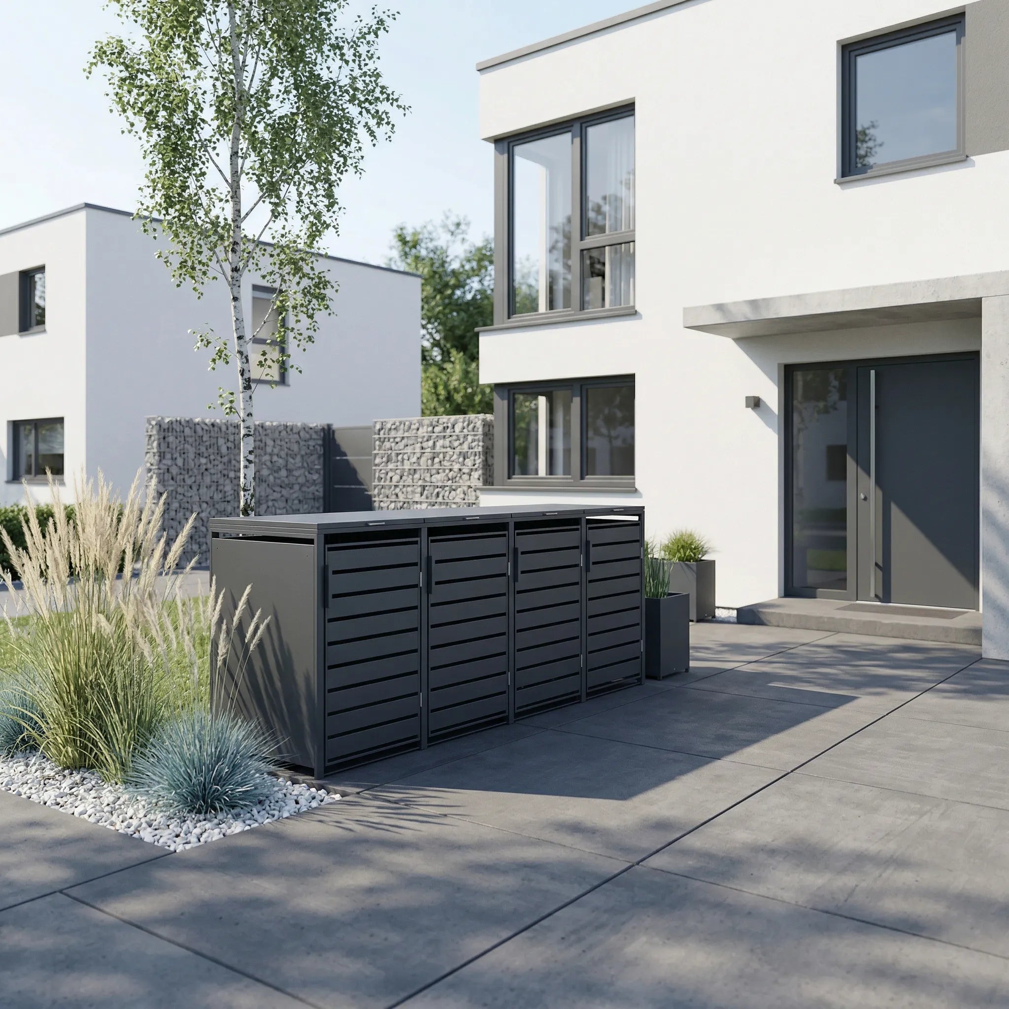 Mülltonnenbox 4er RAL 7016 vor modernem Haus – Gabionenmauer mit Birke und Blauschwingel