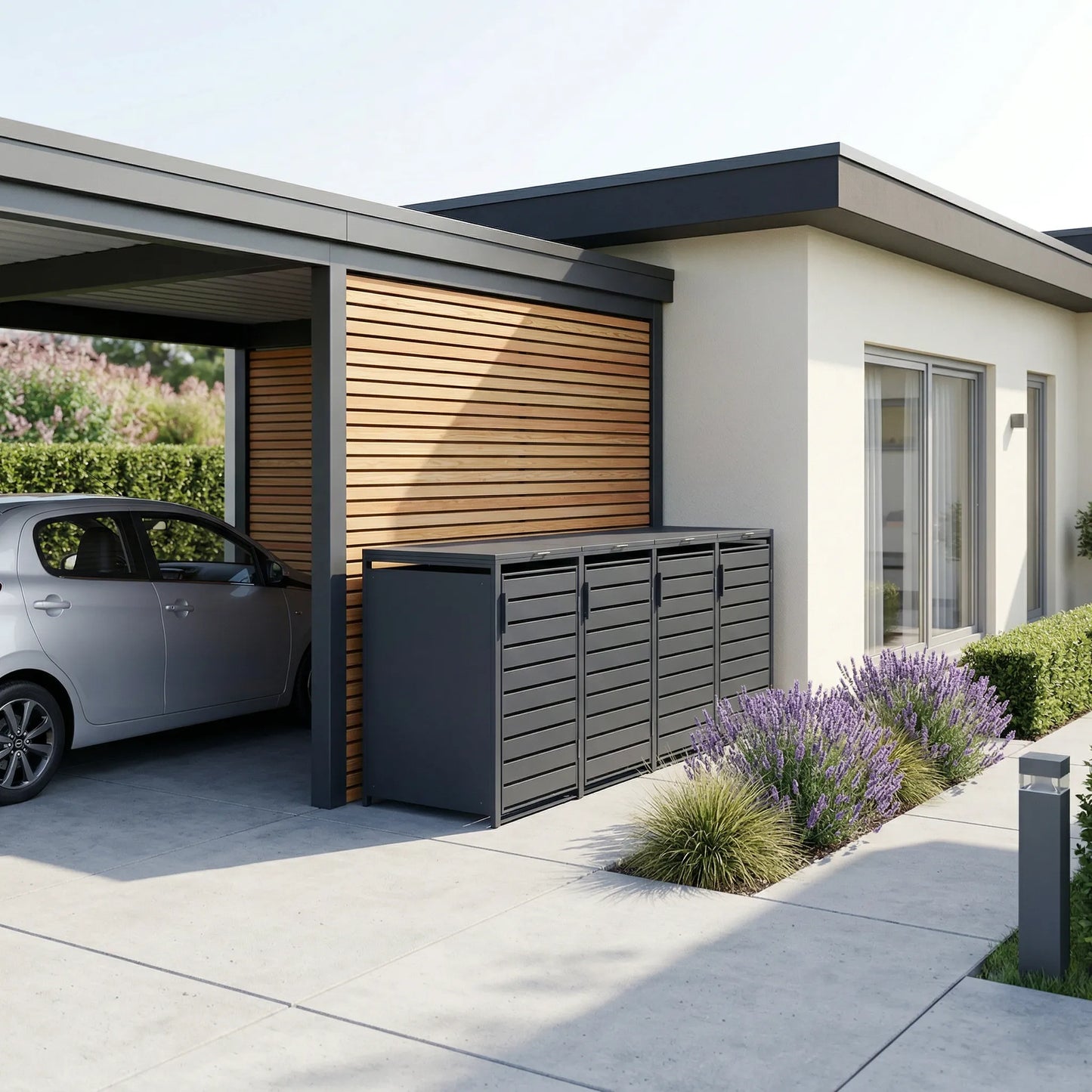 4er Mülltonnenbox anthrazit neben Bungalow-Carport – Holzlamellen-Rückwand mit Lavendel