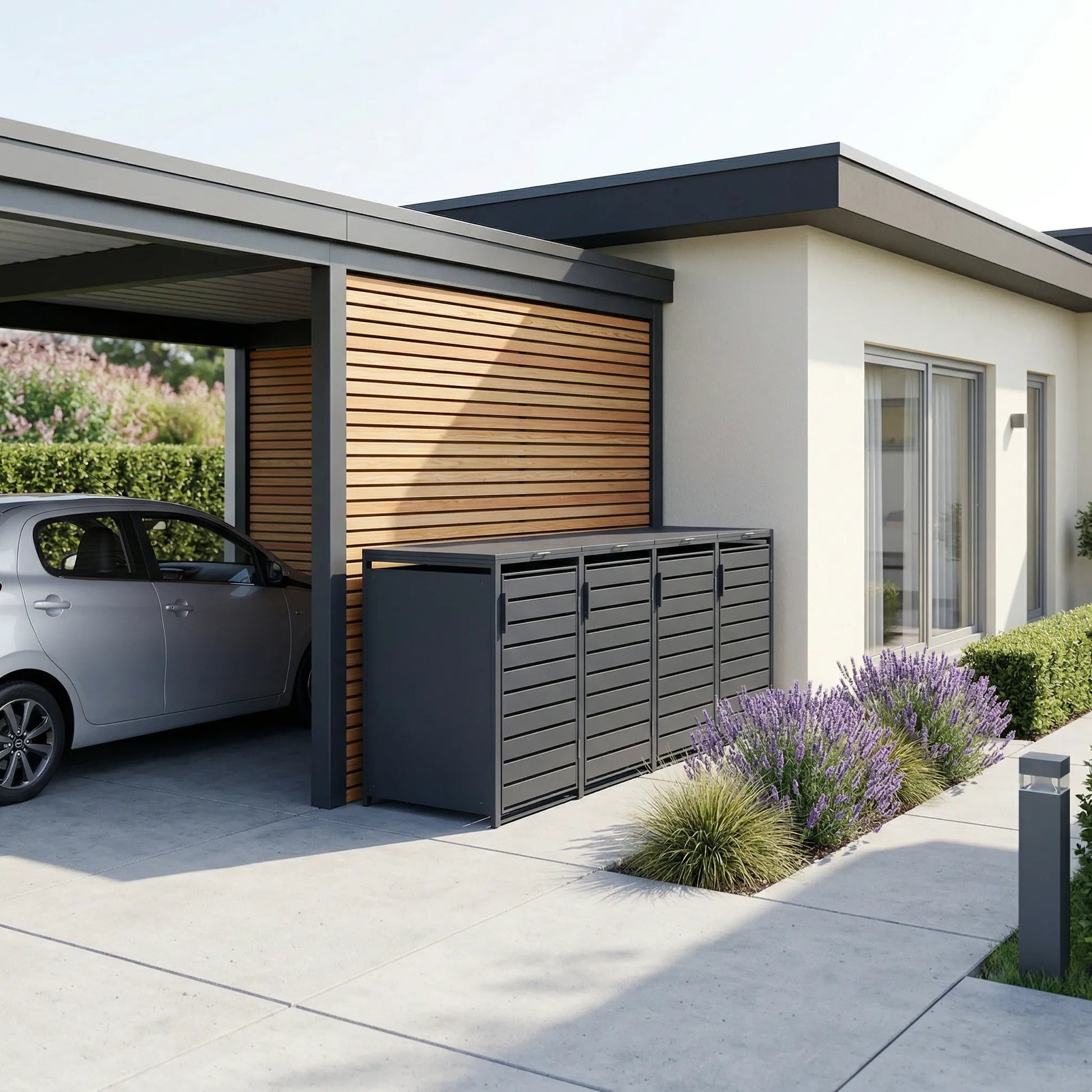 4er Mülltonnenbox anthrazit neben Bungalow-Carport – Holzlamellen-Rückwand mit Lavendel