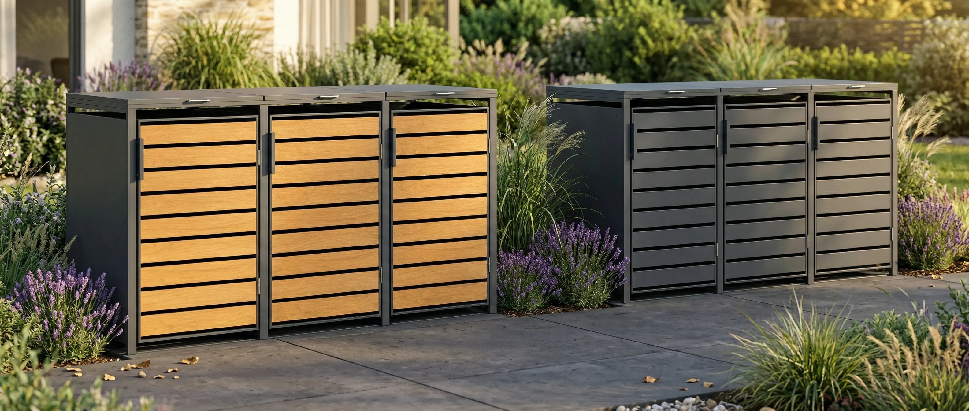 TREVANO Mülltonnenboxen in Holzoptik und Anthrazit zwischen Lavendel und Ziergräsern – alle Designs entdecken